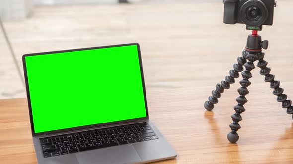 Zooming on Laptop with Chromakey Screen on the Table