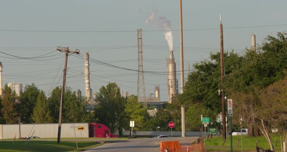 Establishing shot of Chemical Refinery Plant in Pasadena, Texas community