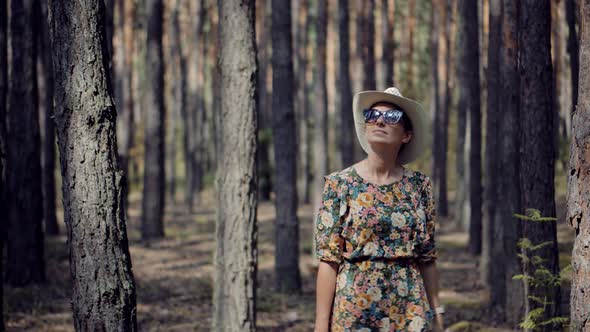 Holiday Vacation Tourist Trip In Forest Warm Day. Active Woman In Hat Walking On Tree.
