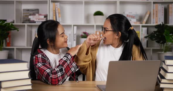 Twin asian girls using laptop to learning online