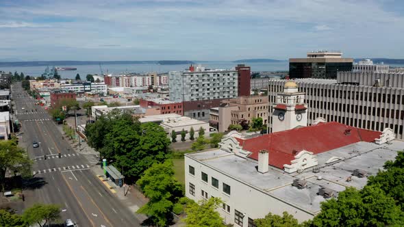 Wide Angle Aerial View of Downtown Everett Washington USA 4K UHD