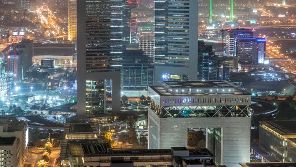 Skyline View of the Buildings of Sheikh Zayed Road and DIFC Night Timelapse in Dubai UAE