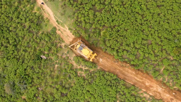 Aerial view of bulldozer deforestating trees in mountains of Marbella, Spain.