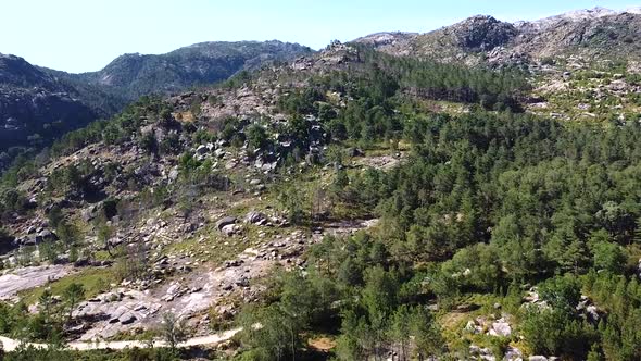 Aerial view of rocky mountains and trees in Europe Portugal Peneda Geres National Park