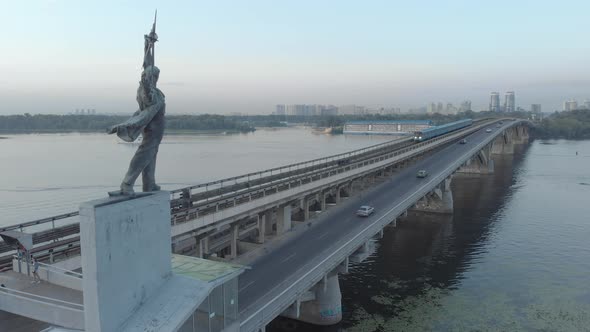 Aerial View of the Metro Bridge. Station Dnipro. Kyiv, Ukraine.