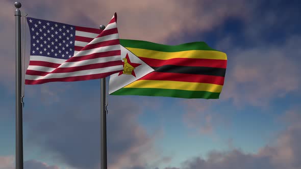 Zimbabwe Flag Waving Along With The National Flag Of The USA - 4K