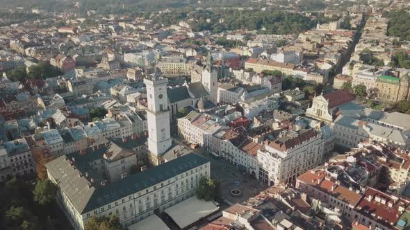 Aerial City Lviv, Ukraine. European City. Popular Areas of the City. Town Hall