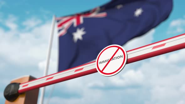 Open Gate with No Immigration Sign at the Australian Flag