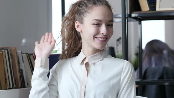 Hi, Hello, Business  Woman Waving Hand, Indoor Office