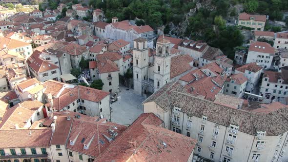 Aerial view of the Cathedral of Saint Tryphon in Kotor Old town, Montenegro