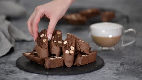 Close Up of Homemade Chocolate and Hazelnuts Cookies Traditional Italian Biscotti or Cantucci