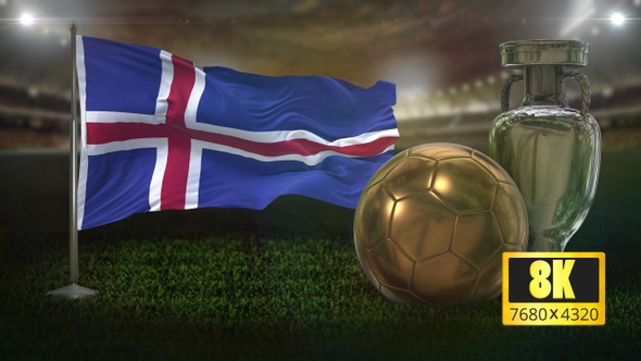 8K Iceland Flag with Football And Cup Background Loop