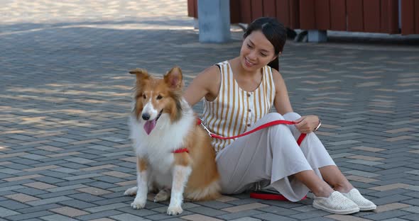 Woman pet owner with her herding dog at outdoor