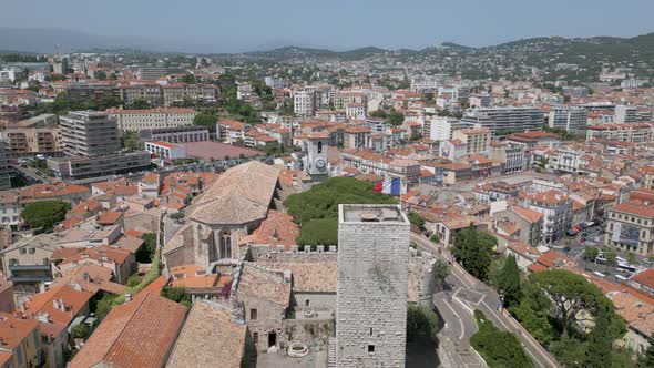 Aerial shot of Castre castle on Suquet Hill in Cannes old town, France