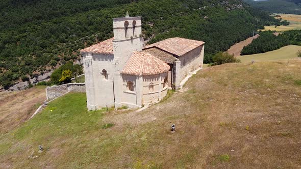 Aerial View of Picturesque Hermitage in San Pantaleon De Losa, Burgos, Spain