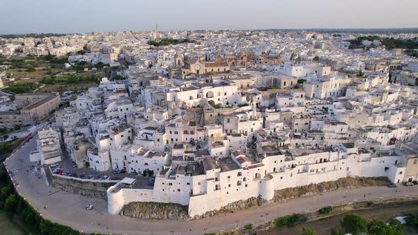 4K Aerial of Ostuni, 'the White Town' in Apulia, South of Italy.