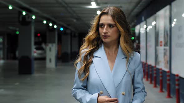 Young Beautiful Caucasian Business Woman Stylish Lady Female Girl in Blue Fashionable Suit Walking