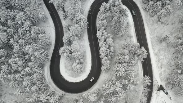 Aerial View on the Serpentine s Shape Road with Moving Automobiles in the Frozen Forest