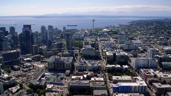 Helicopter Angle Over Downtown Seattle City Streets