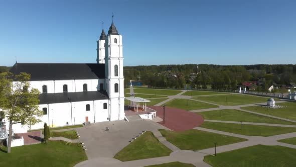 Beautiful Aerial View of the White Chatolic Church Basilica in Latvia Aglona