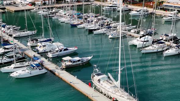 Yachts in the port aerial view 4 K Alanya Turkey