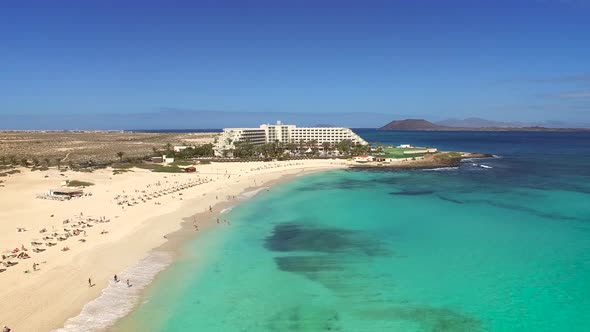 Aerial view of Corralejos Big Beaches with turquoise sea in Fuerteventura.