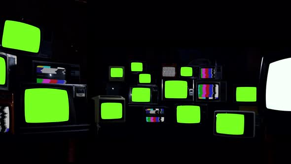 Retro TV Wall with Green Screen, Noise and Color Bars. Blue Dark Tone.