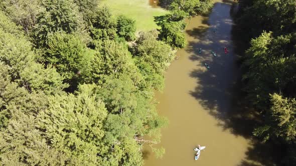 Kayakers At Huron River Near Flat Rock In Southeast Michigan - aerial drone shot