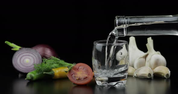 Pour Alcohol Drink Vodka From a Bottle in Shot Glass. Background with Vegetables