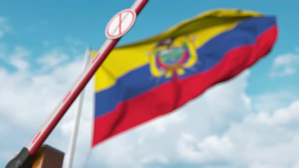 Gate with STOP CORONAVIRUS Sign Closed at Flag of Ecuador alt
