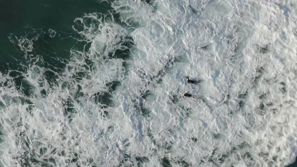 Aerial view of surfers.