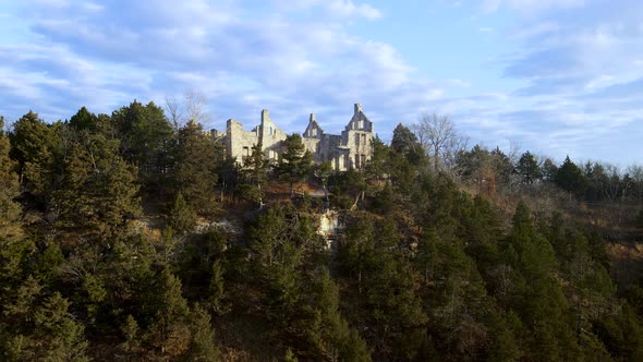 Aerial Reveal of Majestic Medieval Castle Ruins, Famous Missouri Landmark