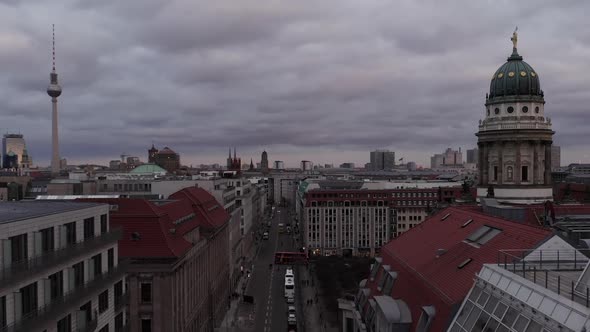 AERIAL: Beautiful Scenic View Over Berlin Mitte Right Before Sunset 