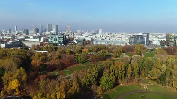 Aerial starting at Stadion Politechniki Warszawskiej Syrenka one of Warsaws green areas and flying t