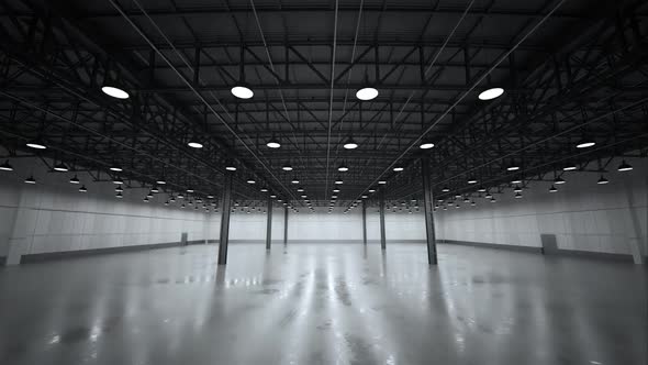 Fly-through empty, modern warehouse or hangar. Clean space for storage, factory.