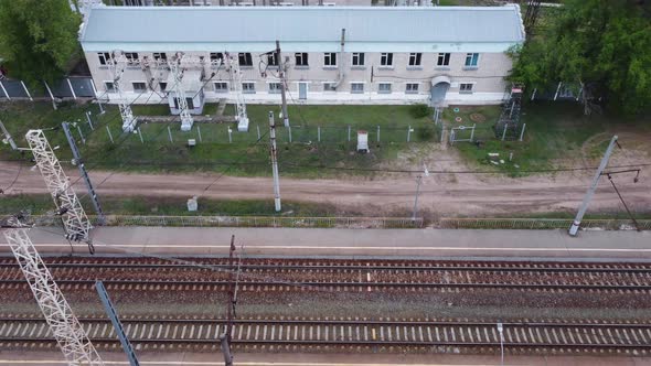 Aerial view of old rural high-voltage electrical railways substation.