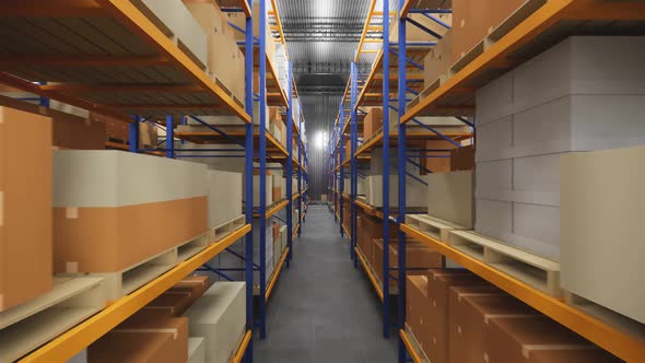 Warehouse with cardboard boxes inside on pallets racks