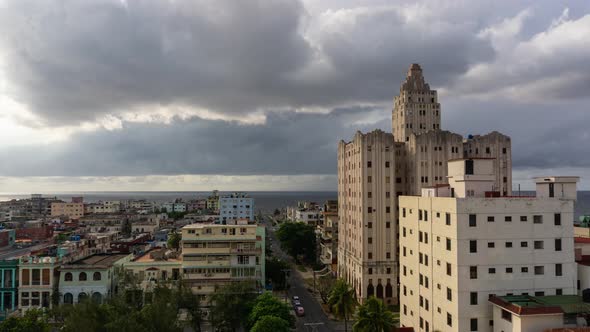 Beautiful Aerial Time Lapse view of the Havana City, Capital of Cuba, during a vibrant cloudy day.