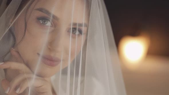 Bride in Boudoir Dress Under Veil and in a Silk Robe Wedding Morning Woman in Night Gown and Veil