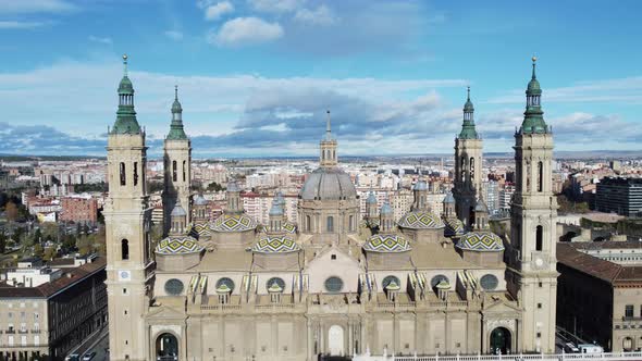 Zaragoza Drone Scene with Basilica Del Pilar and Ebro River Spain