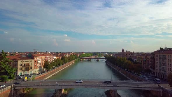 Panoramic Aerial Drone View of Medieval City of Love Verona, Pietra Bridge and Adige River