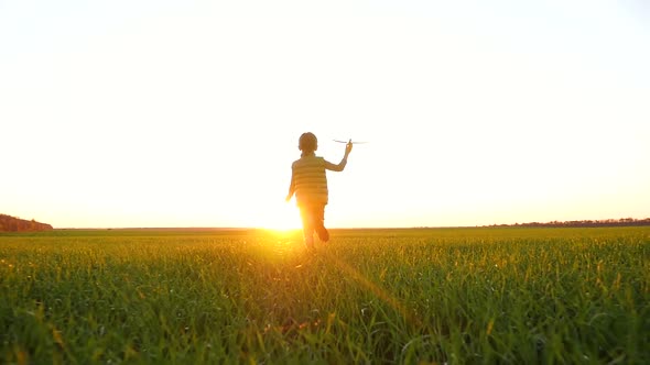A Happy Little Boy Runs Across a Green Meadow Playing with a Toy Airplane, Imagining Flying.