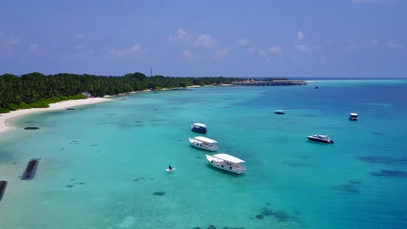 Aerial drone panorama of tropical resort beach wildlife by blue sea with sand background