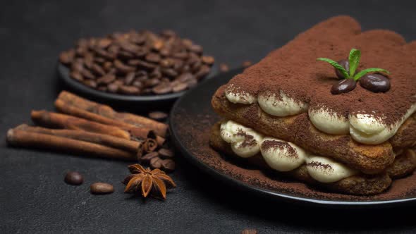 Classic Tiramisu Dessert on Ceramic Plate on Concrete Background