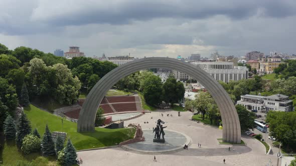 Aerial Panoramic View of People's Friendship Arch in Kyiv
