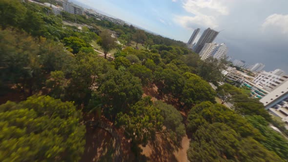 Aerial fpv over Mirador Sur Park, Santo Domingo in Dominican Republic