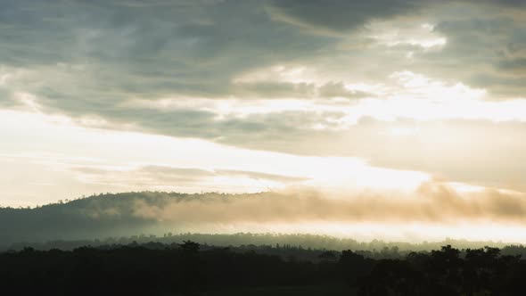 Fluffy fog cloud flowing on natural forest mountain from time lapse sunrise cloudy sky on morning