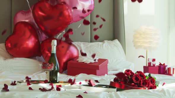 Slow Motion Beauty Footage with Velvet Red Roses Petals Falling on White Bed