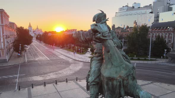 Kyiv, Ukraine: Monument To Bogdan Khmelnitsky in the Morning at Dawn. Aerial View