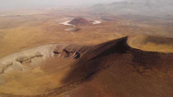 Flying Over Volcanic Crater on Mars, Exploring Red Planet From a Spaceship